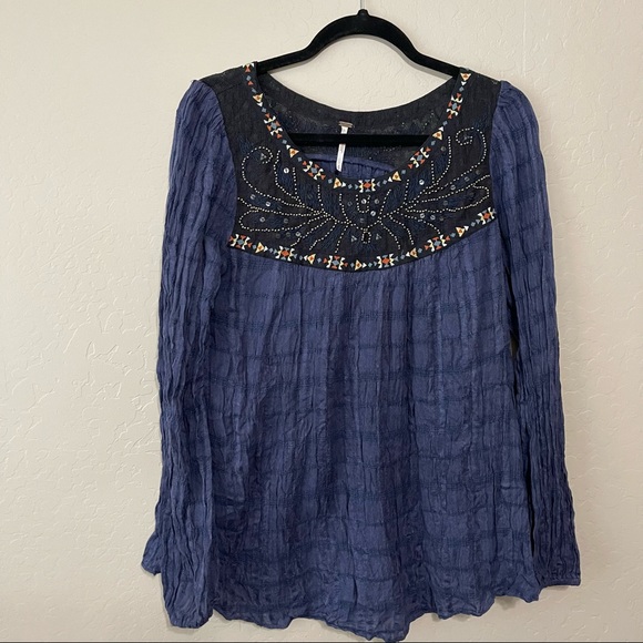 SOLD Free People beaded embroidered long sleeve tunic top blouse S tribal - Picture 2 of 13